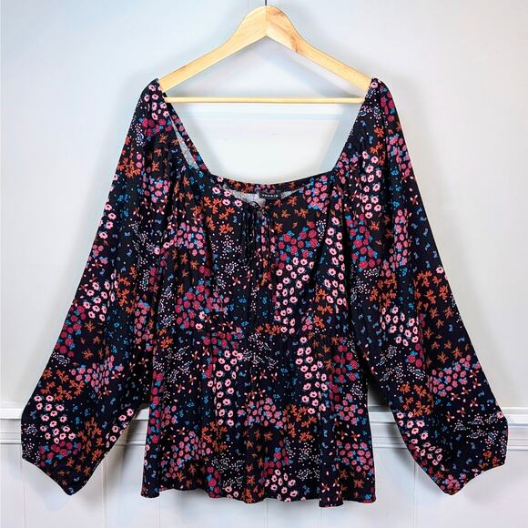 Torrid Peplum Challis Sweetheart Top, Black Floral Long Sleeve Peasant Blouse 3x - Picture 6 of 13